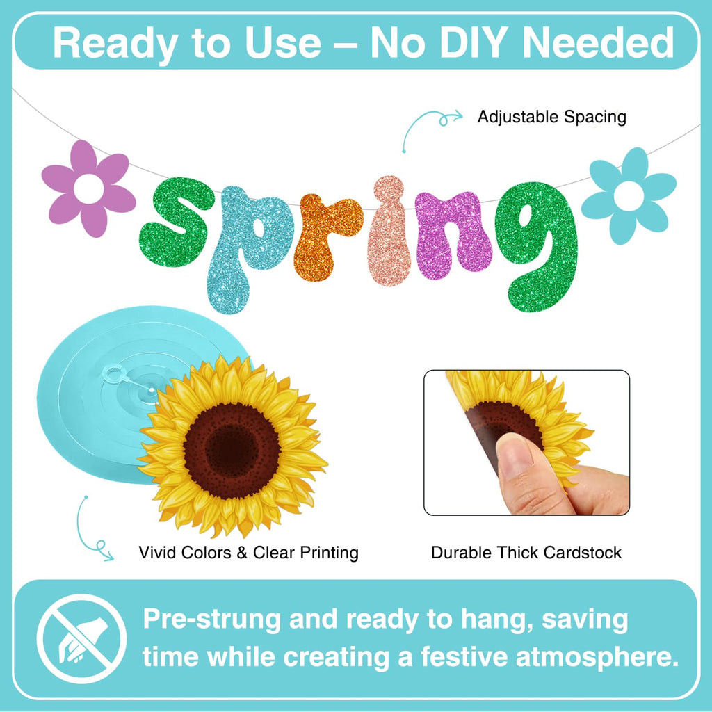 Biswiter 41Pc Hello Spring Decor Set | Banner, Paper Pom Poms & Butterfly Hanging Ornaments