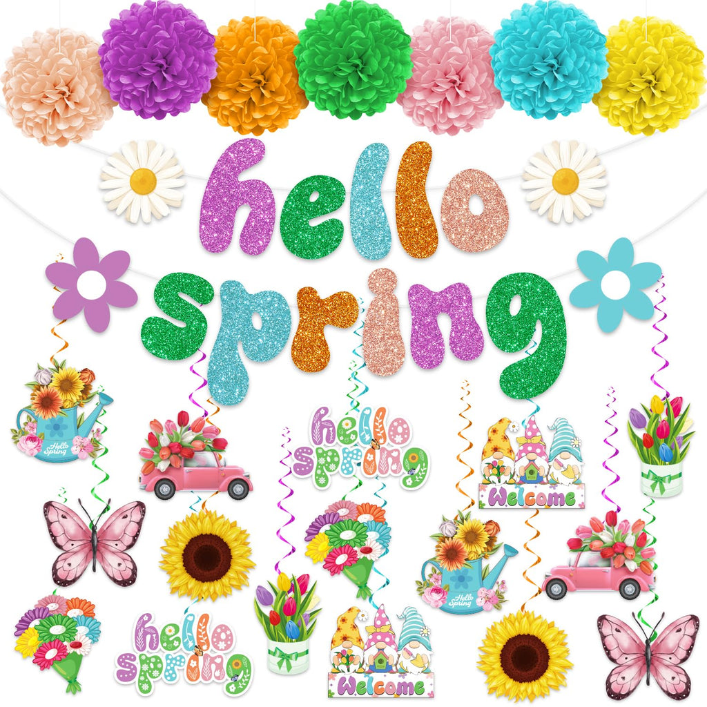 Biswiter 41Pc Hello Spring Decor Set | Banner, Paper Pom Poms & Butterfly Hanging Ornaments