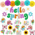 Biswiter 41Pc Hello Spring Decor Set | Banner, Paper Pom Poms & Butterfly Hanging Ornaments