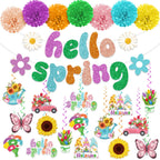 Biswiter 41Pc Hello Spring Decor Set | Banner, Paper Pom Poms & Butterfly Hanging Ornaments