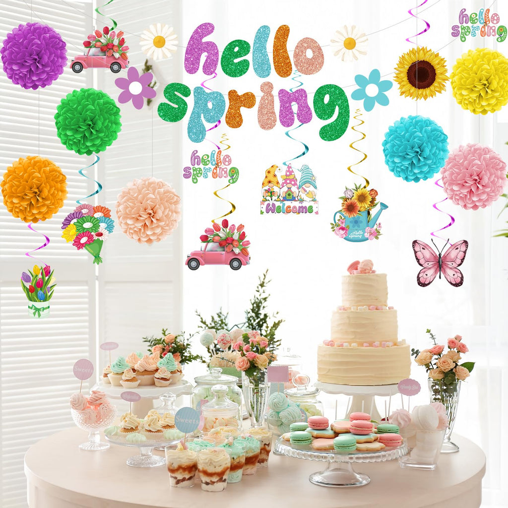 Biswiter 41Pc Hello Spring Decor Set | Banner, Paper Pom Poms & Butterfly Hanging Ornaments