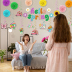 Biswiter 41Pc Hello Spring Decor Set | Banner, Paper Pom Poms & Butterfly Hanging Ornaments