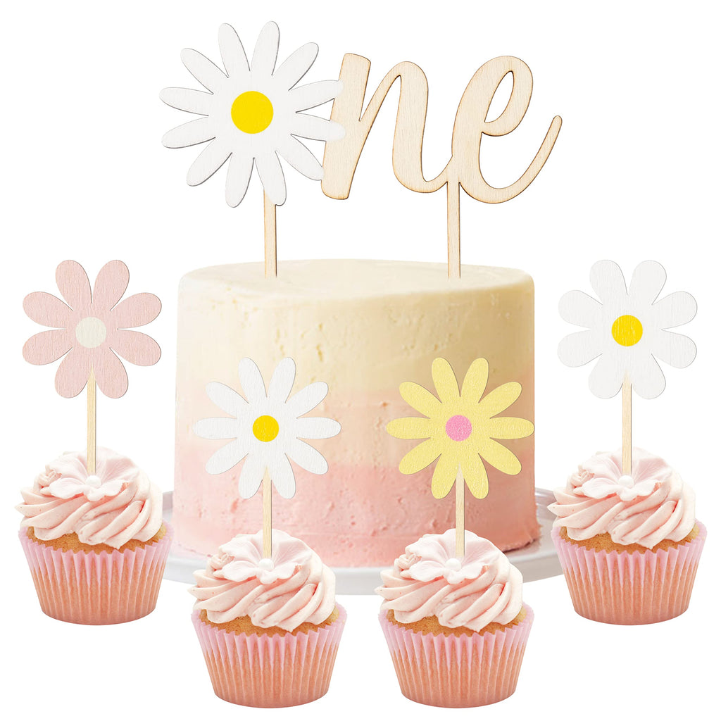 BkeeCten Daisy ONE Cake Topper Set – 5Pcs Boho Wood Cake Picks for Baby Shower & Birthday