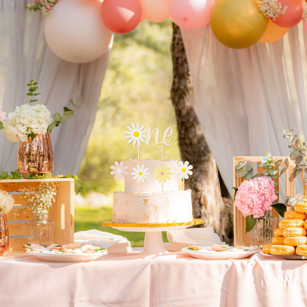 BkeeCten Daisy ONE Cake Topper Set – 5Pcs Boho Wood Cake Picks for Baby Shower & Birthday