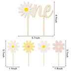 BkeeCten Daisy ONE Cake Topper Set – 5Pcs Boho Wood Cake Picks for Baby Shower & Birthday