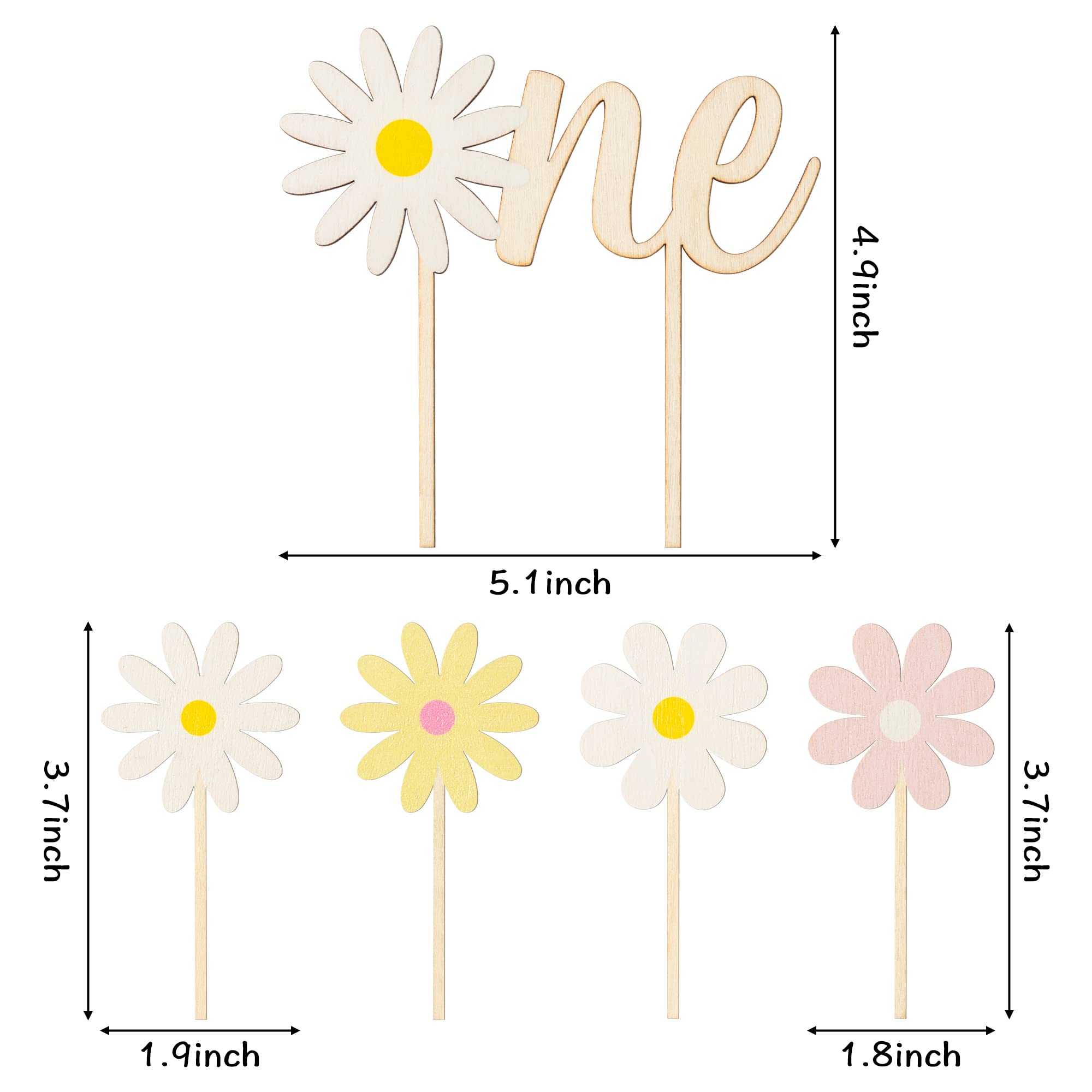 BkeeCten Daisy ONE Cake Topper Set – 5Pcs Boho Wood Cake Picks for Baby Shower & Birthday