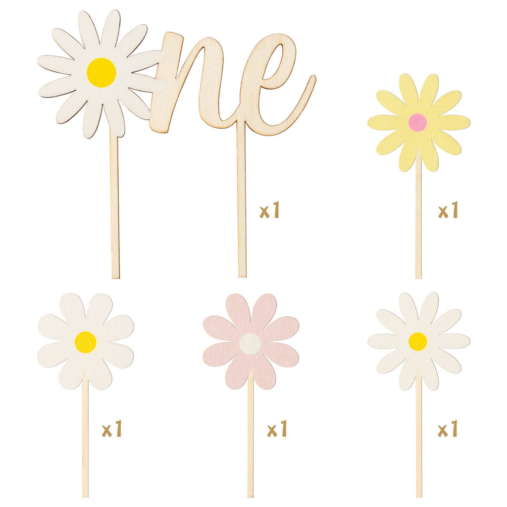 BkeeCten Daisy ONE Cake Topper Set – 5Pcs Boho Wood Cake Picks for Baby Shower & Birthday