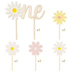 BkeeCten Daisy ONE Cake Topper Set – 5Pcs Boho Wood Cake Picks for Baby Shower & Birthday