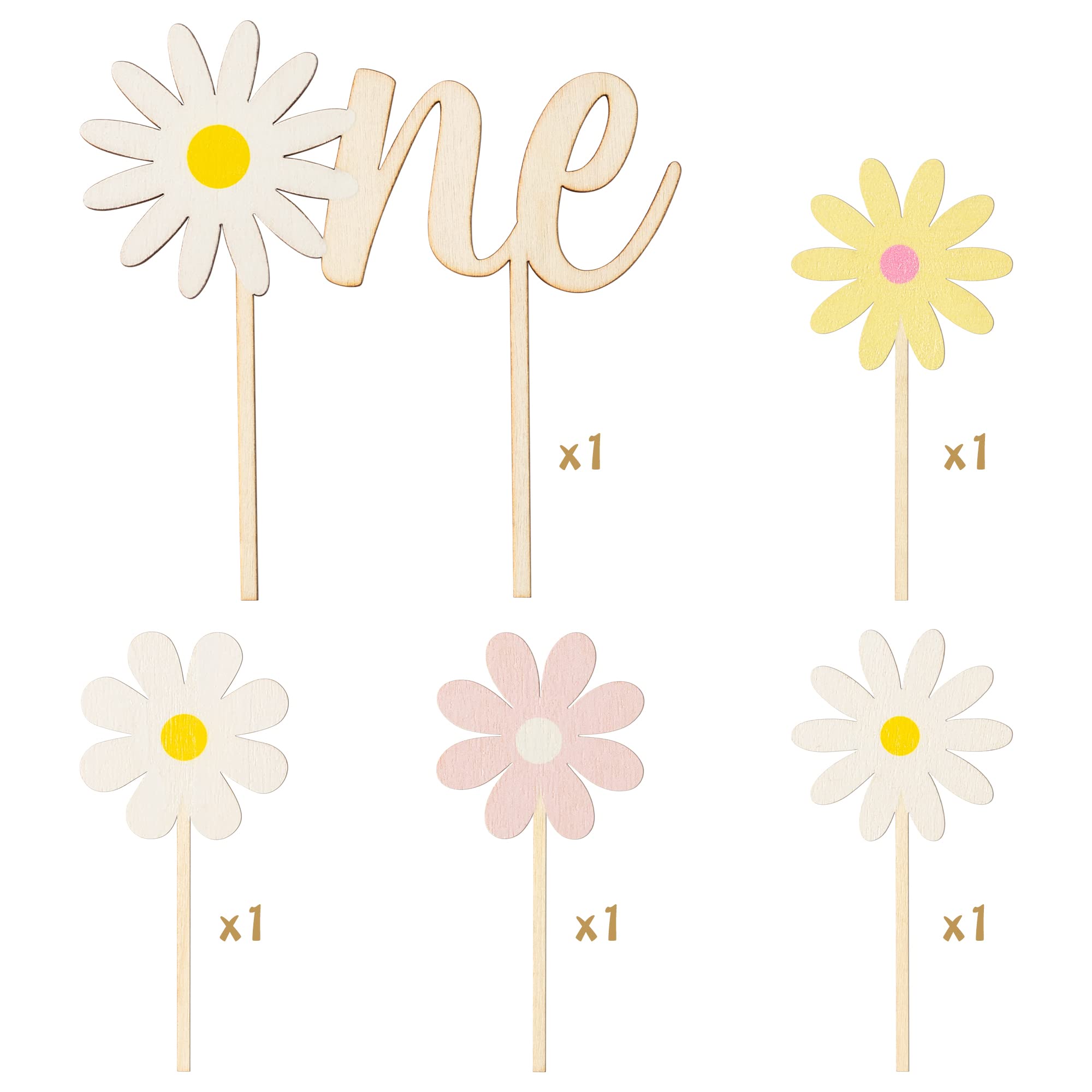 BkeeCten Daisy ONE Cake Topper Set – 5Pcs Boho Wood Cake Picks for Baby Shower & Birthday