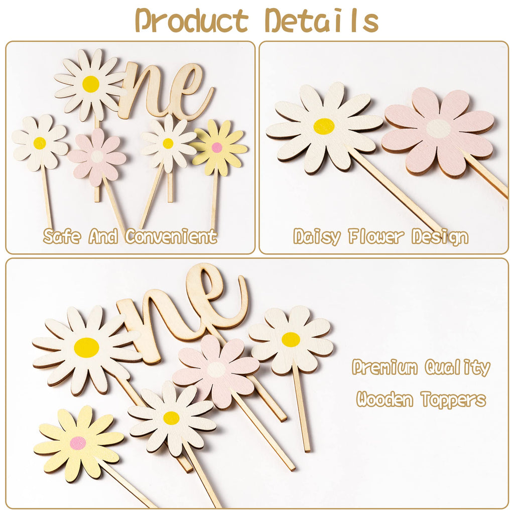 BkeeCten Daisy ONE Cake Topper Set – 5Pcs Boho Wood Cake Picks for Baby Shower & Birthday
