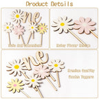 BkeeCten Daisy ONE Cake Topper Set – 5Pcs Boho Wood Cake Picks for Baby Shower & Birthday