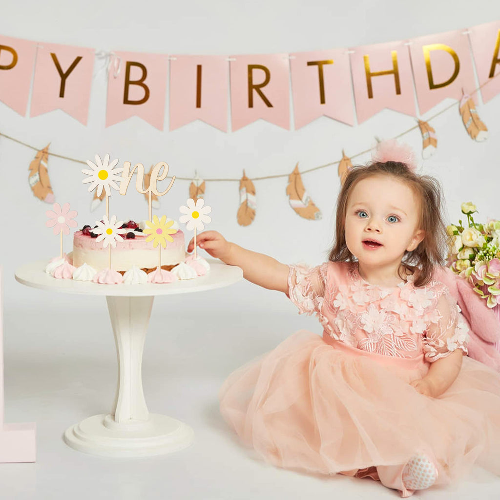 BkeeCten Daisy ONE Cake Topper Set – 5Pcs Boho Wood Cake Picks for Baby Shower & Birthday