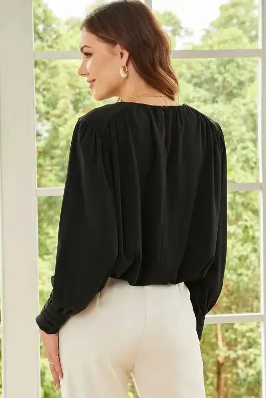 Black Pleated Loose Blouse Women UK