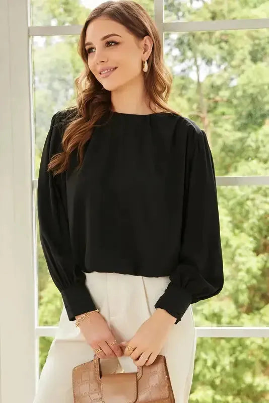 Black Pleated Loose Blouse Women UK