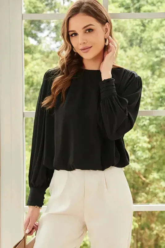 Black Pleated Loose Blouse Women UK