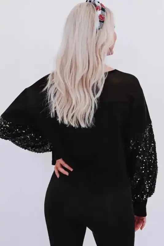 Black Sequin Lantern Sleeve Evening Blouse Women UK