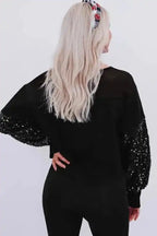 Black Sequin Lantern Sleeve Evening Blouse Women UK