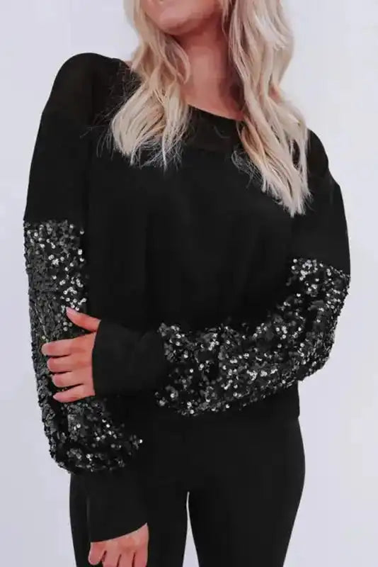 Black Sequin Lantern Sleeve Evening Blouse Women UK