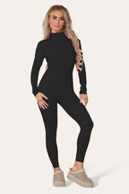 Ribbed High Neck Zipper Collar Jumpsuit Front Unitard Set