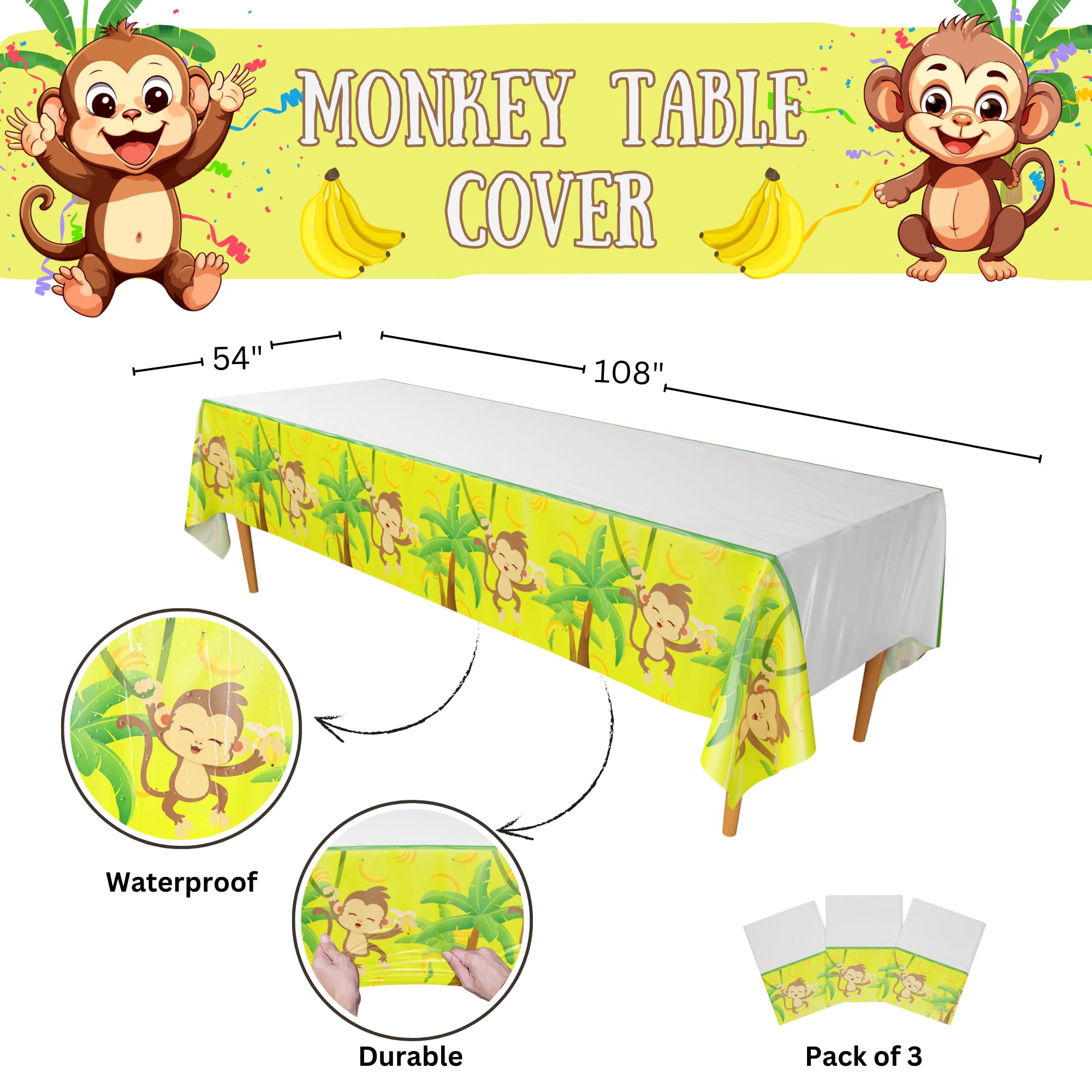 Blue Orchards Monkey Party Table Covers (Pack of 3) - 54x108 XL Jungle Tablecloths for Kids