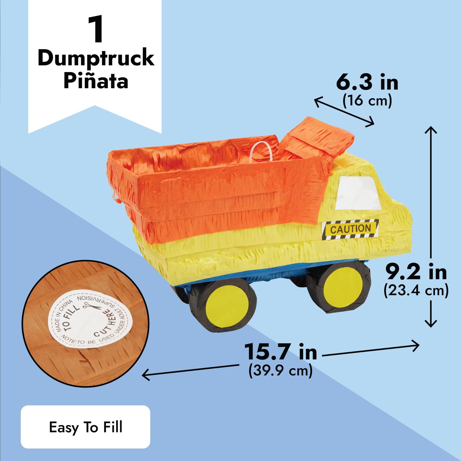 BLUE PANDA Dump Truck Pinata - Small 15.7 x 9.2 x 6.3 In, Yellow & Orange | Filled Pinata for Boys' Birthday Party & Construction Party Decoration