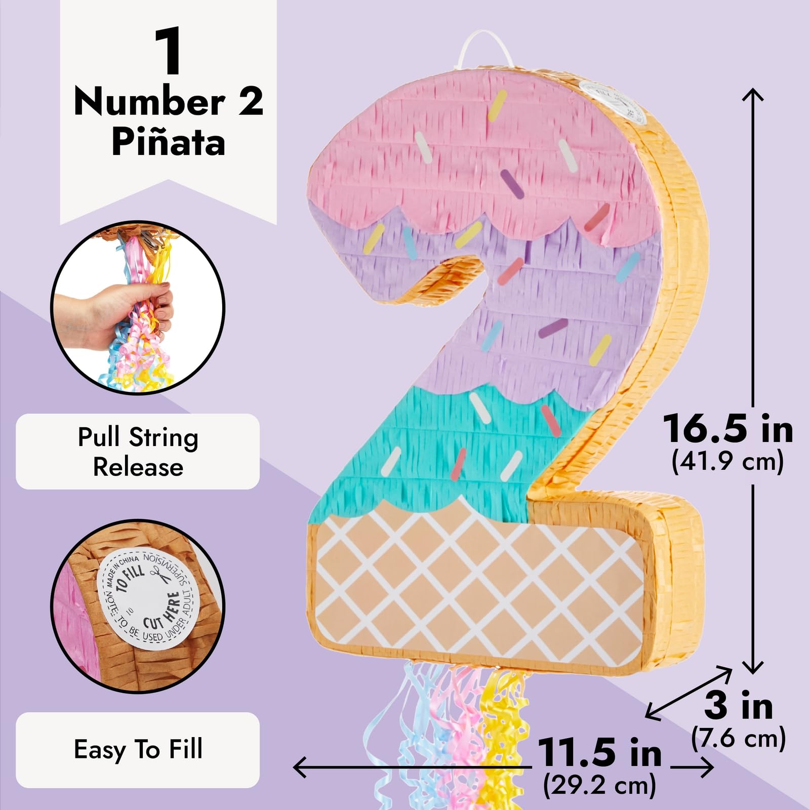 BLUE PANDA Pull String Pinata Number 2 – Ice Cream (16.5 x 11.5 x 3 in) Multicolor for 2nd Birthday