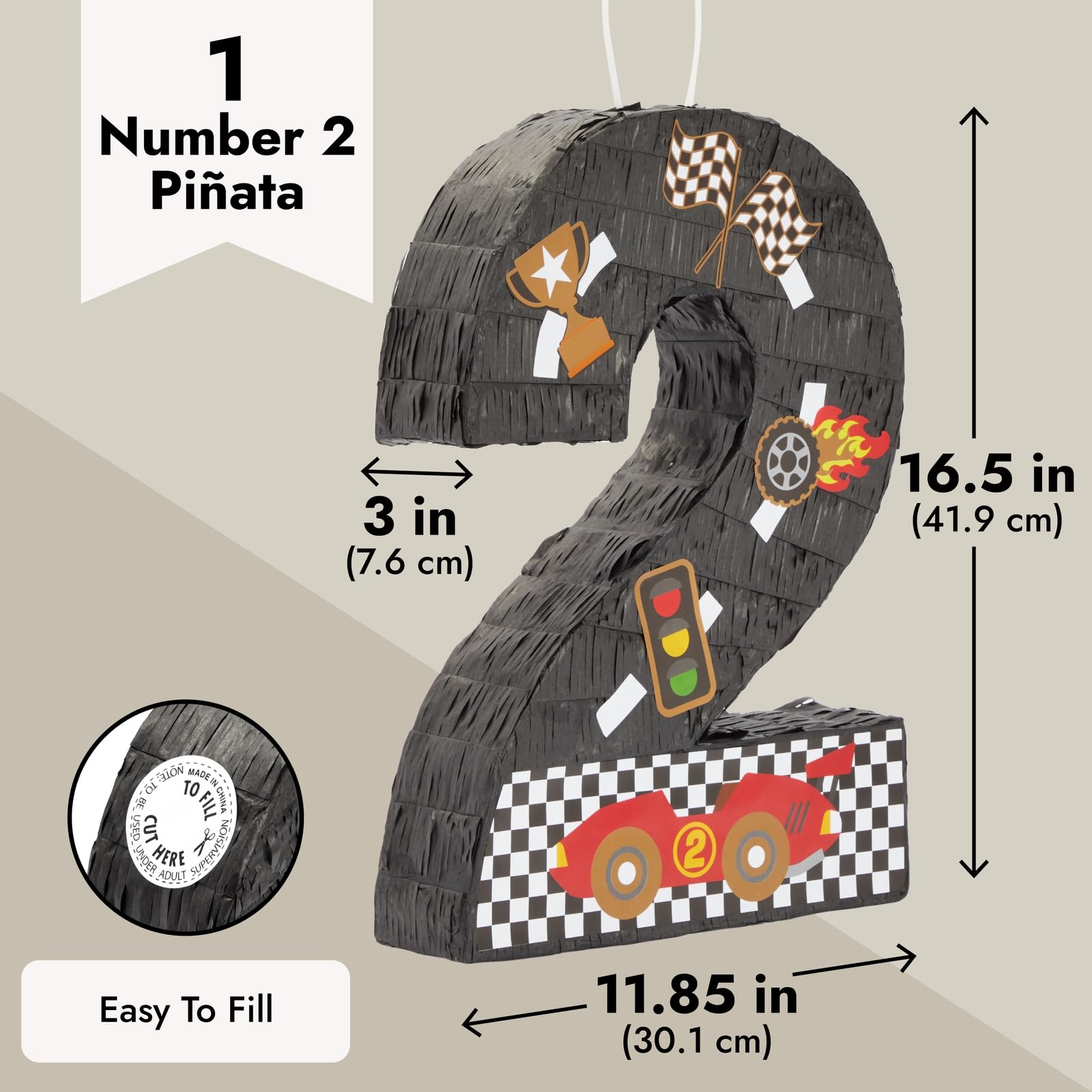 BLUE PANDA Number 2 Race Car Pinata – 3-Ply Construction, 16.5 x 11.85 x 3 in, Indoor Birthday Party Decor