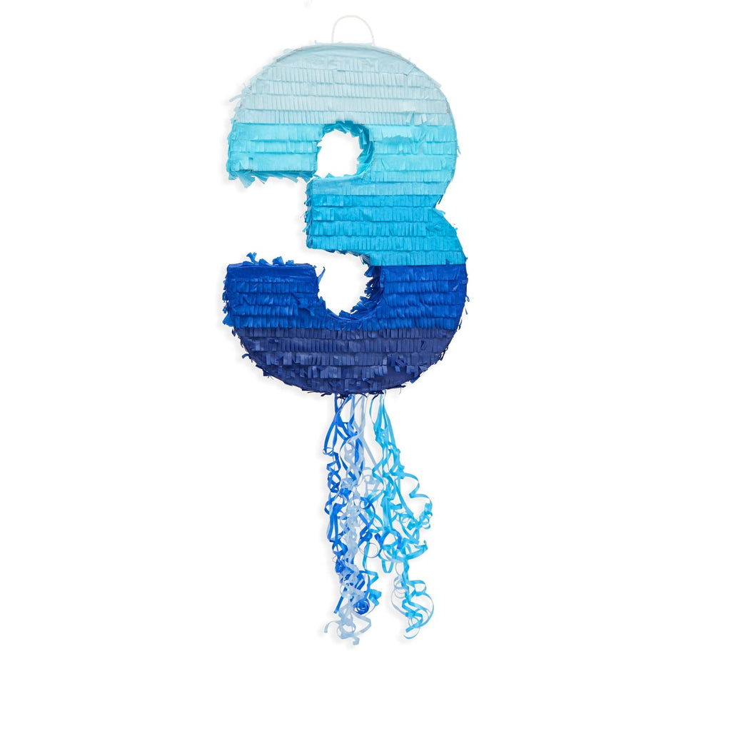 BLUE PANDA Ombre Blue Number 3 Pull String Pinata – Ocean-Themed Birthday Decor, 16.5 x 11.5 in