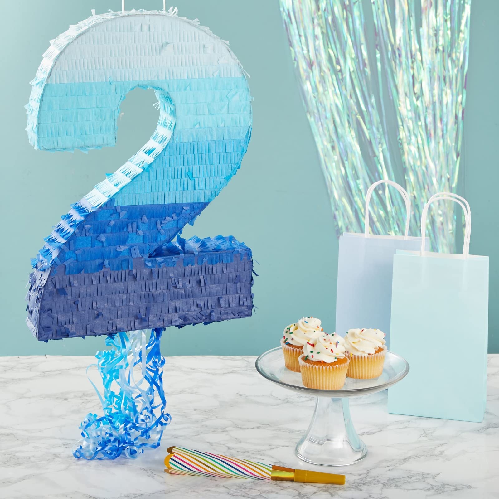 BLUE PANDA Ombre Blue Number 7 Pull String Pinata – 16.5 x 11.5 x 3 in for Kids’ Parties