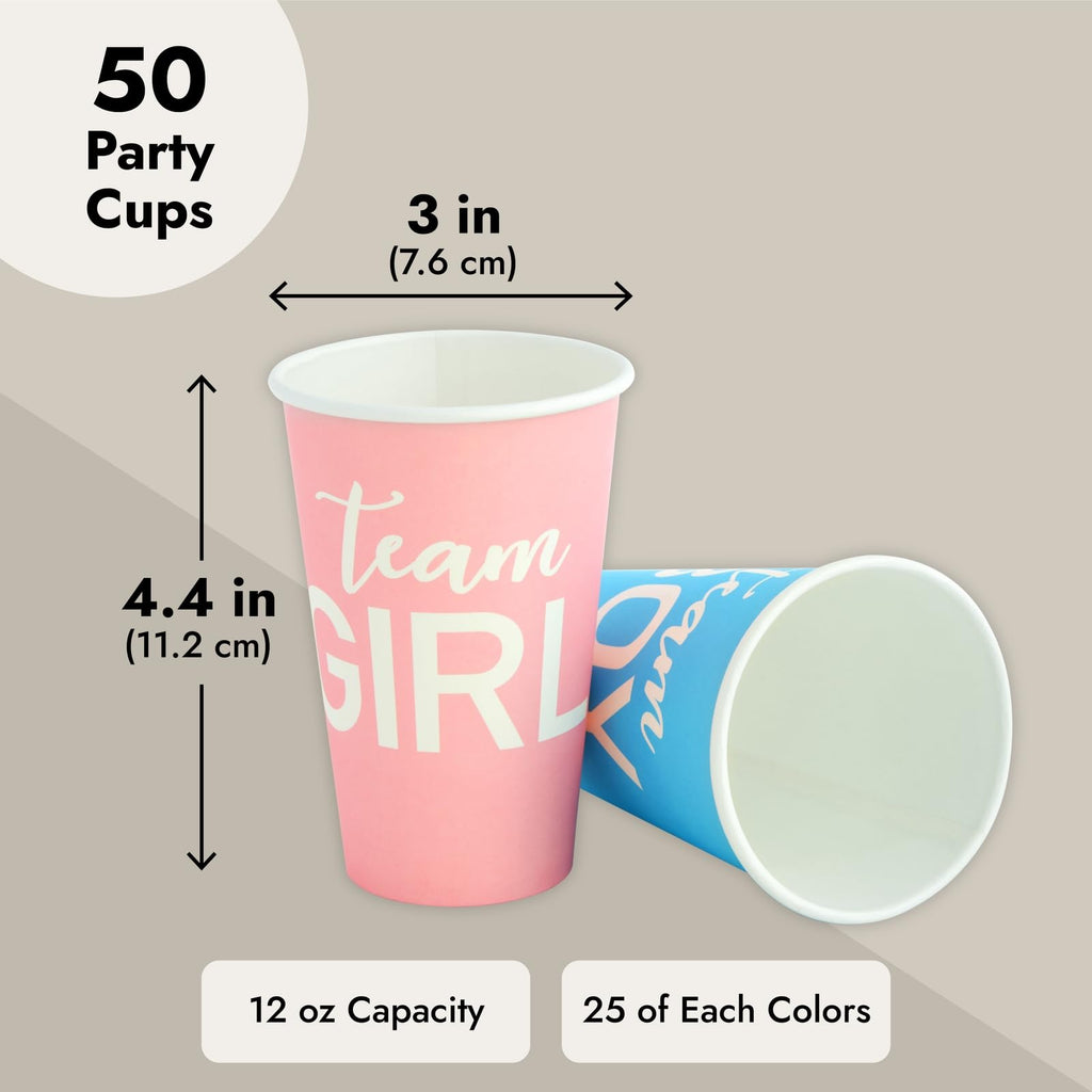 Blue Panda Paper Party Cups 12oz, 50-Pack for Gender Reveal – Team Boy / Team Girl
