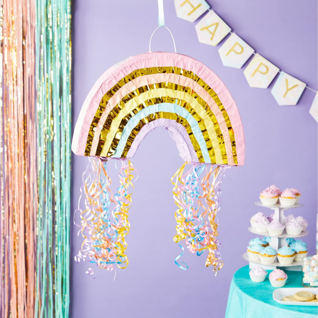 Blue Panda Pull String Rainbow Pinata – Small 16.5 x 10 x 3 in Pastel | Mini Rainbow Birthday Decor