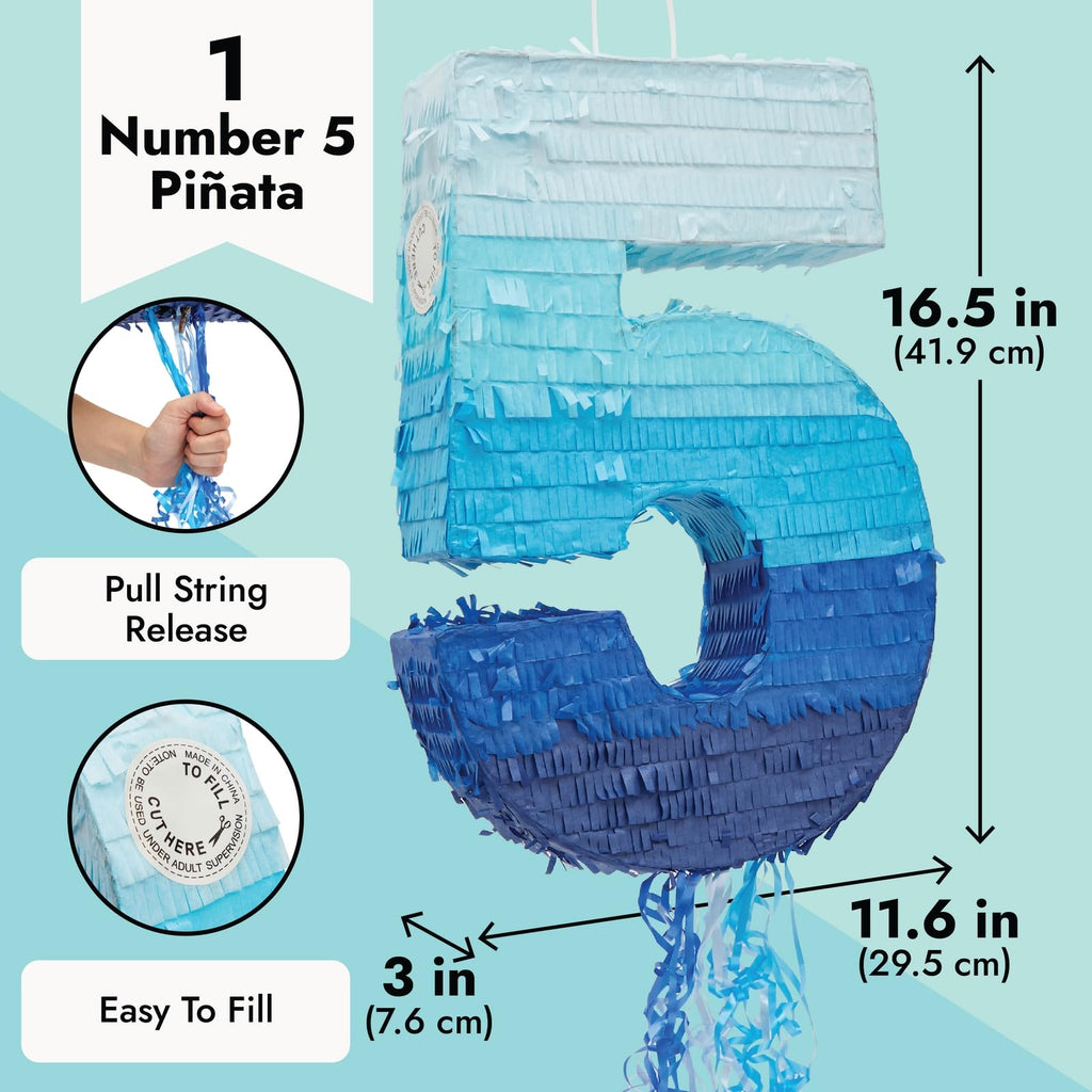 BLUE PANDA Pull String Pinata Number 5 – Ombre Blue, 16.5 x 11.6 in – 5th Birthday Decor
