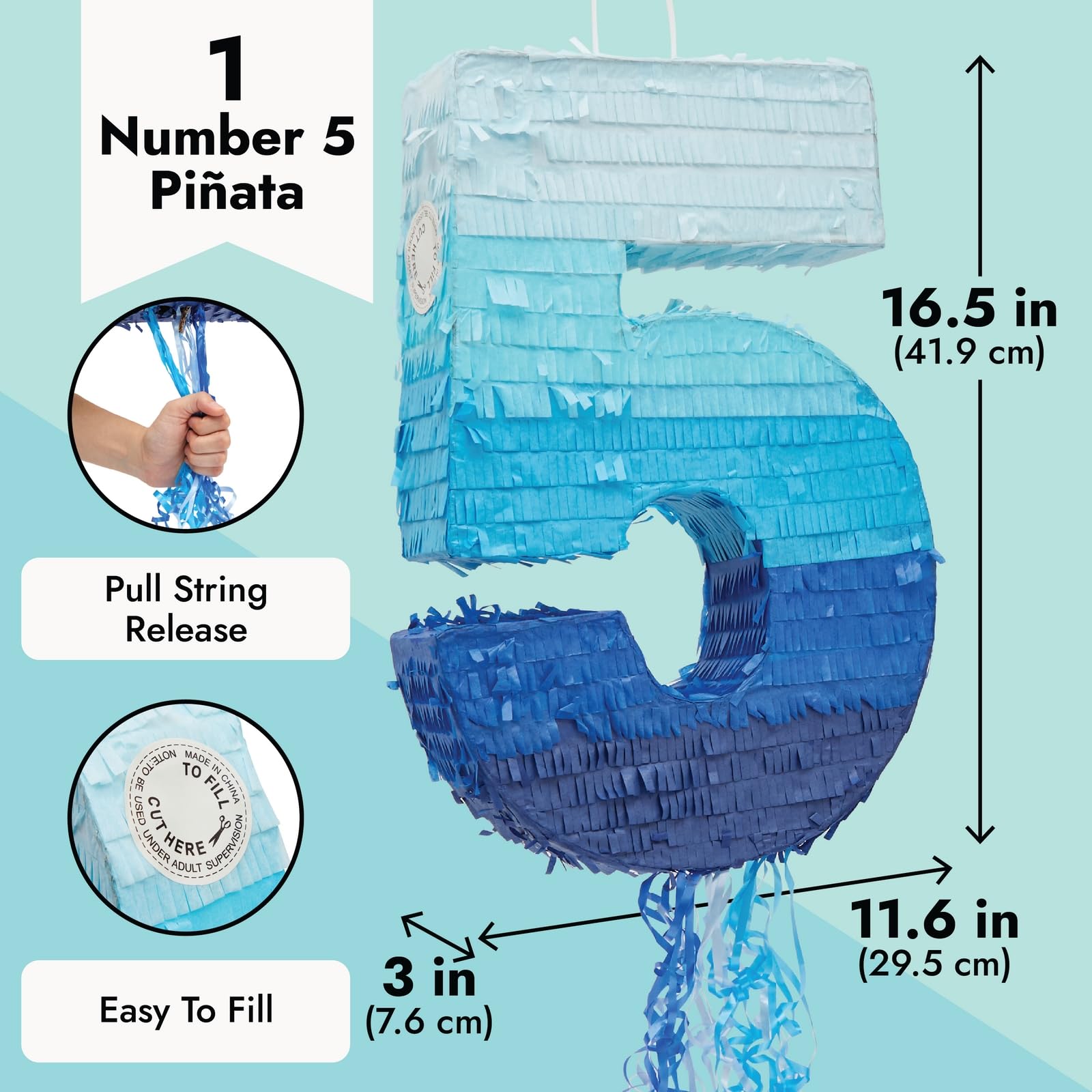 BLUE PANDA Pull String Pinata Number 5 – Ombre Blue, 16.5 x 11.6 in – 5th Birthday Decor
