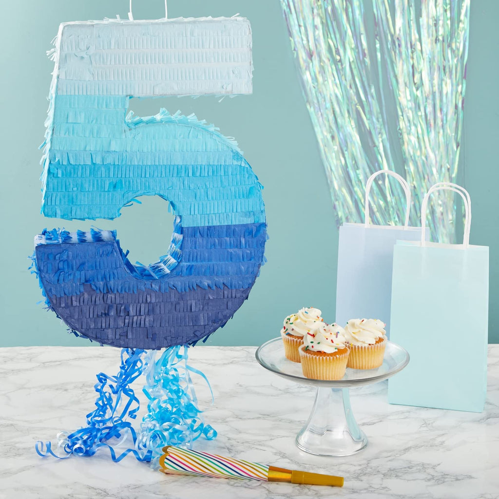 BLUE PANDA Pull String Pinata Number 5 – Ombre Blue, 16.5 x 11.6 in – 5th Birthday Decor