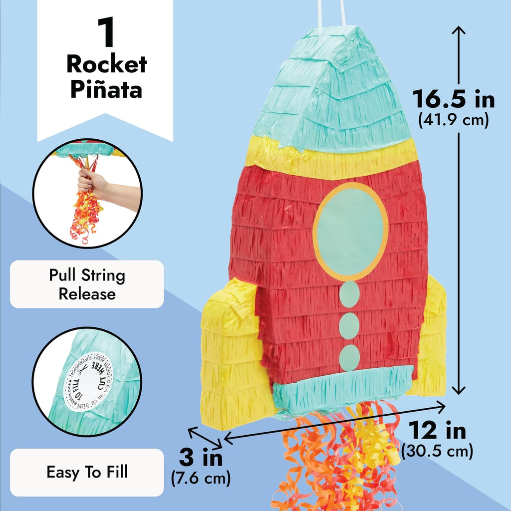 BLUE PANDA Rocket Ship Pull String Pinata – Space Birthday Decorations, 16.5 x 12.5 x 3 in, Red