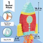 BLUE PANDA Rocket Ship Pull String Pinata – Space Birthday Decorations, 16.5 x 12.5 x 3 in, Red