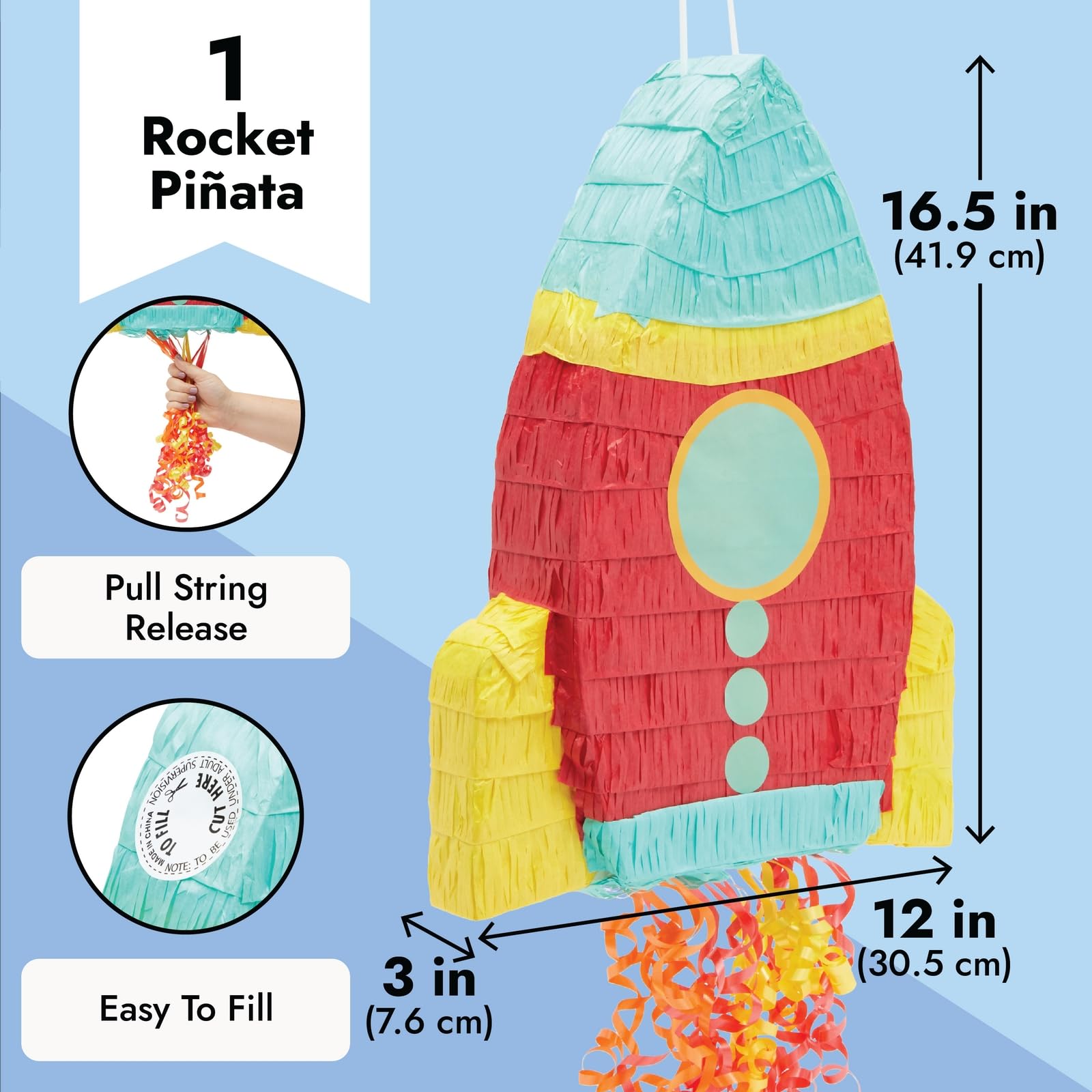 BLUE PANDA Rocket Ship Pull String Pinata – Space Birthday Decorations, 16.5 x 12.5 x 3 in, Red