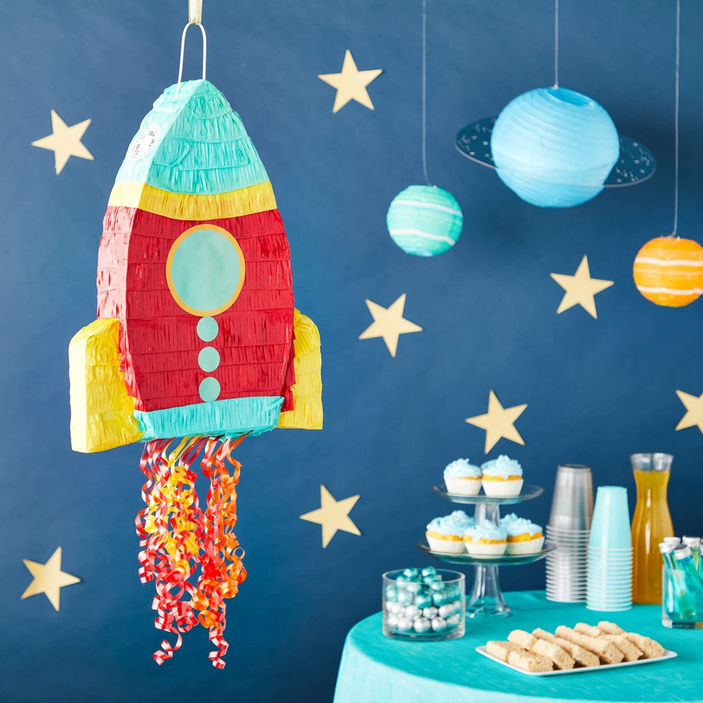 BLUE PANDA Rocket Ship Pull String Pinata – Space Birthday Decorations, 16.5 x 12.5 x 3 in, Red