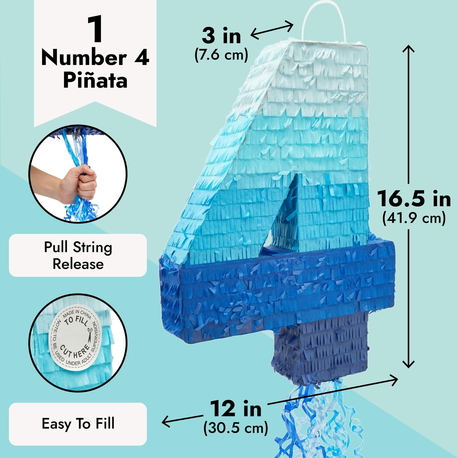 BLUE PANDA Pull String Pinata - Number 4, Ombre Blue Corrugated Pinata 16.5 x 12 x 3 in