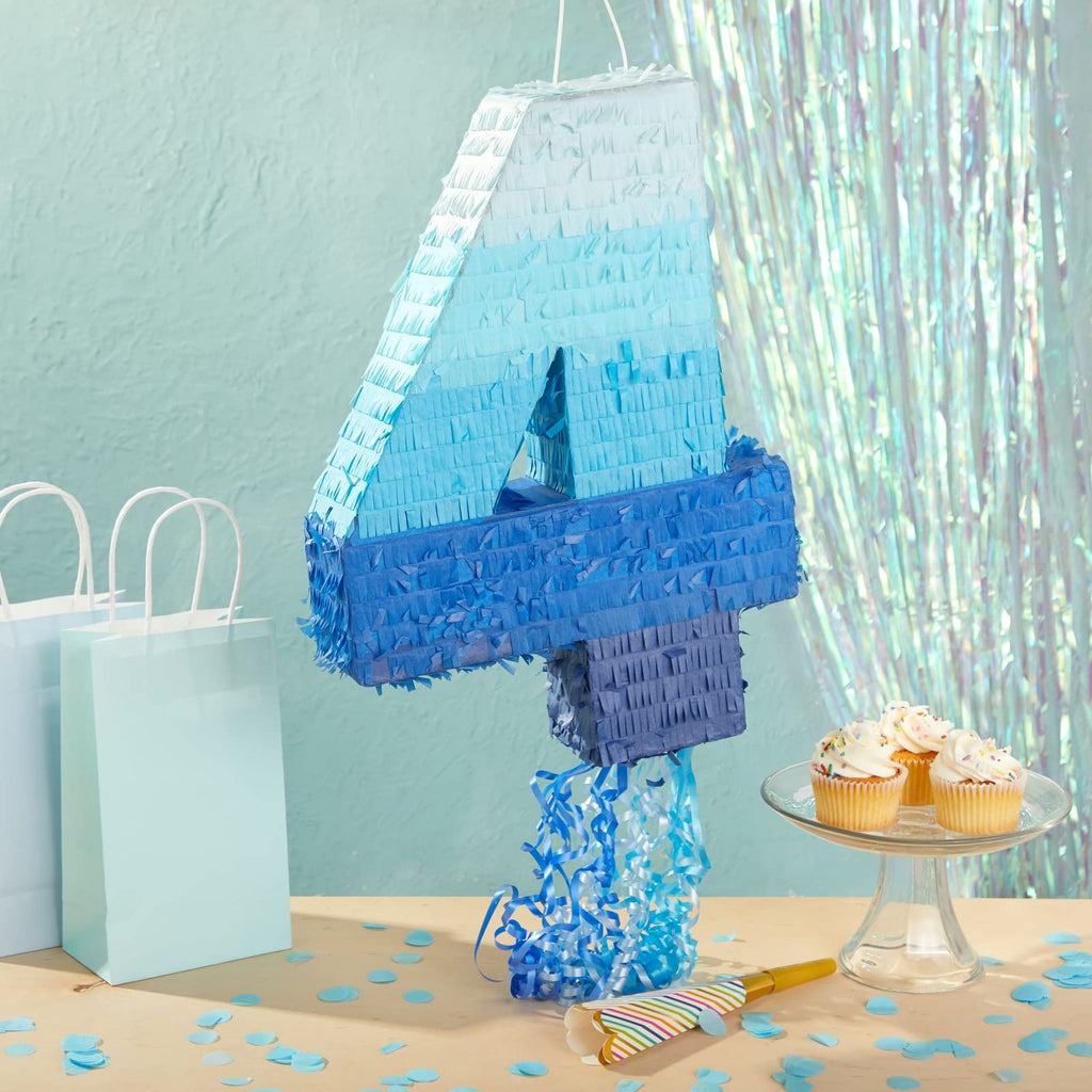 BLUE PANDA Pull String Pinata - Number 4, Ombre Blue Corrugated Pinata 16.5 x 12 x 3 in