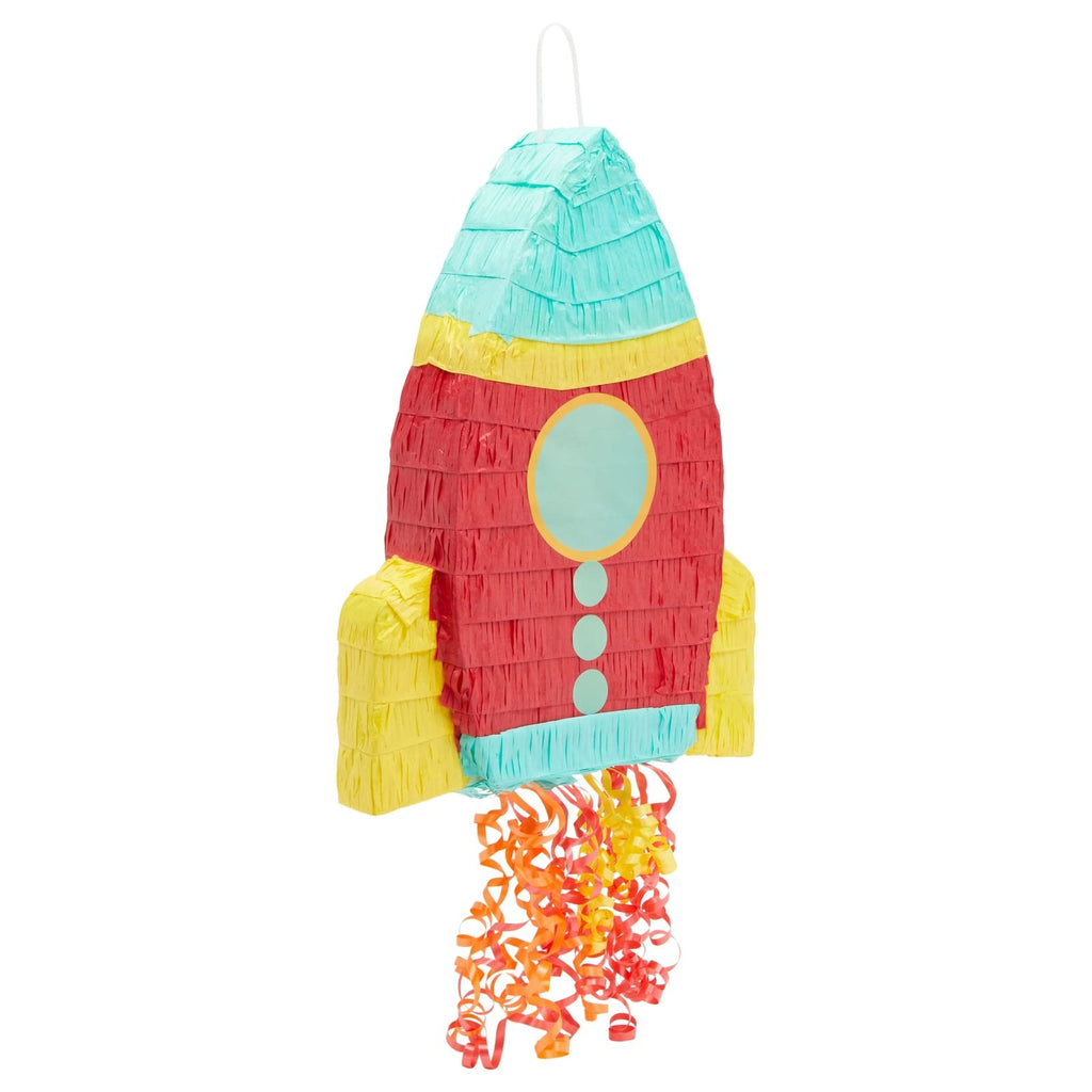 BLUE PANDA Rocket Ship Pull String Pinata – Space Birthday Decorations, 16.5 x 12.5 x 3 in, Red