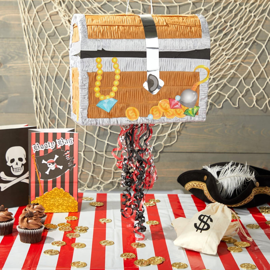 BLUE PANDA Pull String Treasure Chest Pinata – 12x10x6.5-in Pirate Birthday Decor