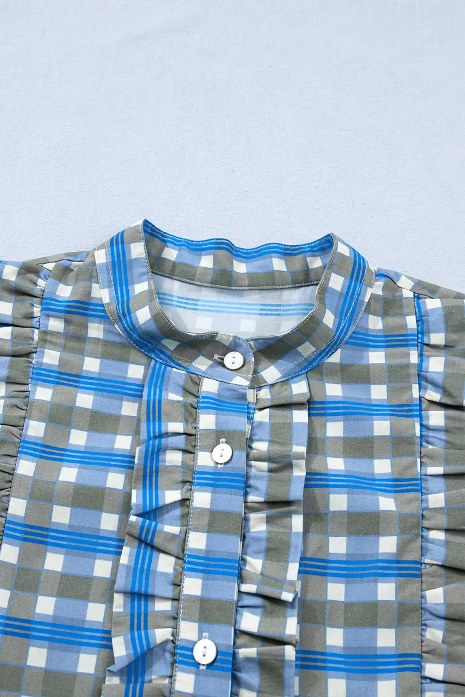 Blue Plaid Long Sleeve Frilled Blouse Women UK