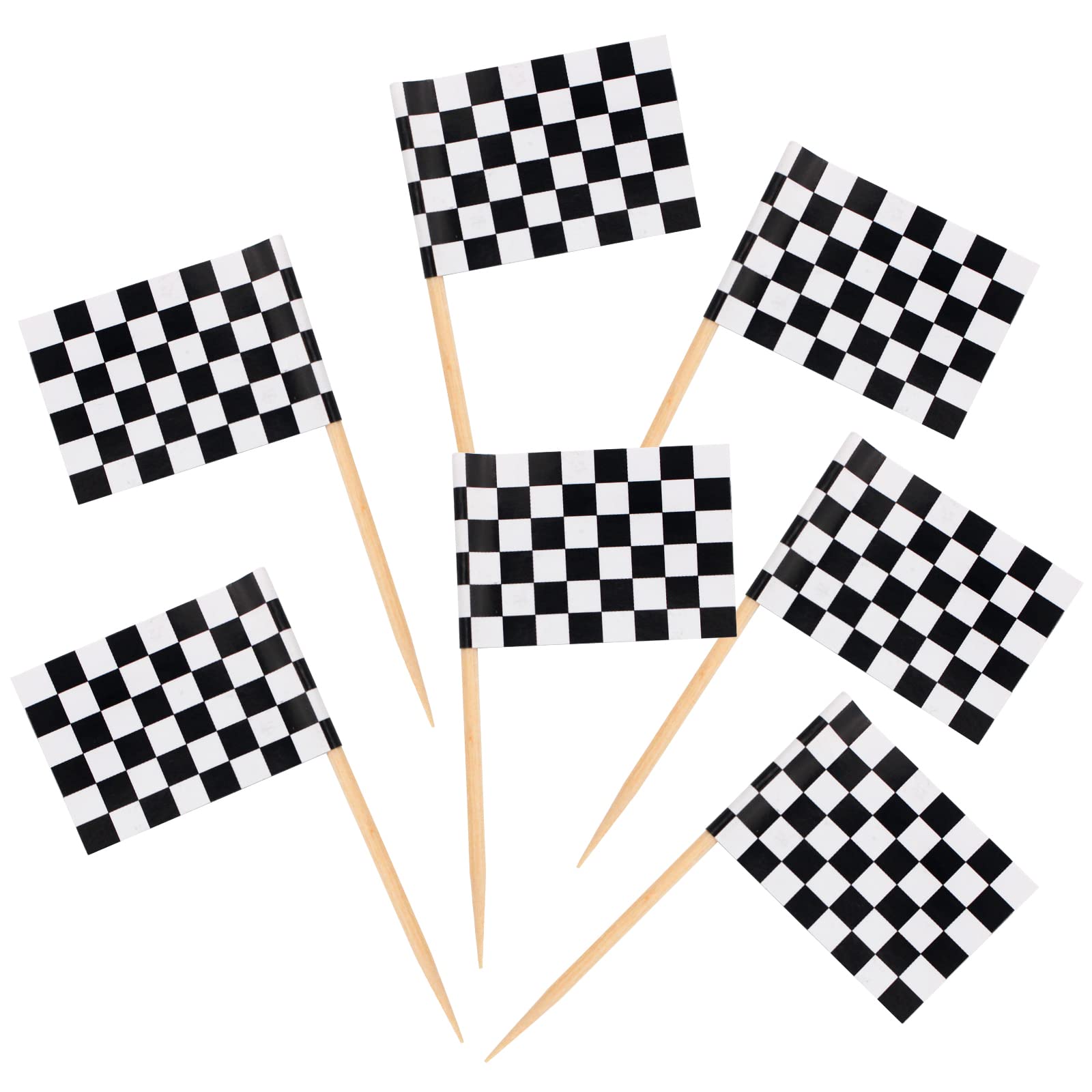 BLUE TOP 100 Pcs Checkered Black and White Racing Flag Toothpicks - Cupcake Toppers for Parties & Sports Events