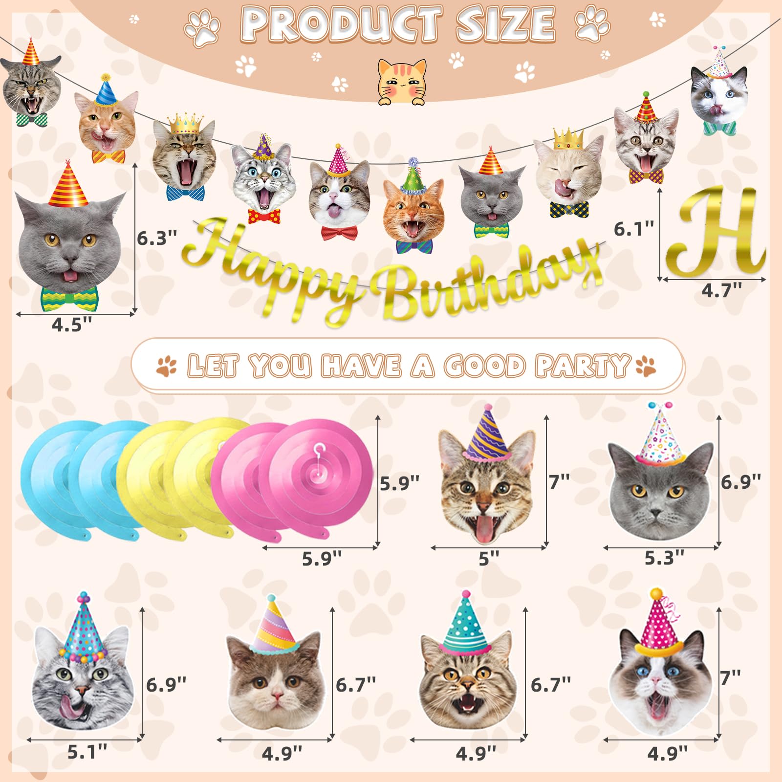 Bluegogo Cat Theme Birthday Party Decorations – 5m Banners, Cat Cards & Spirals