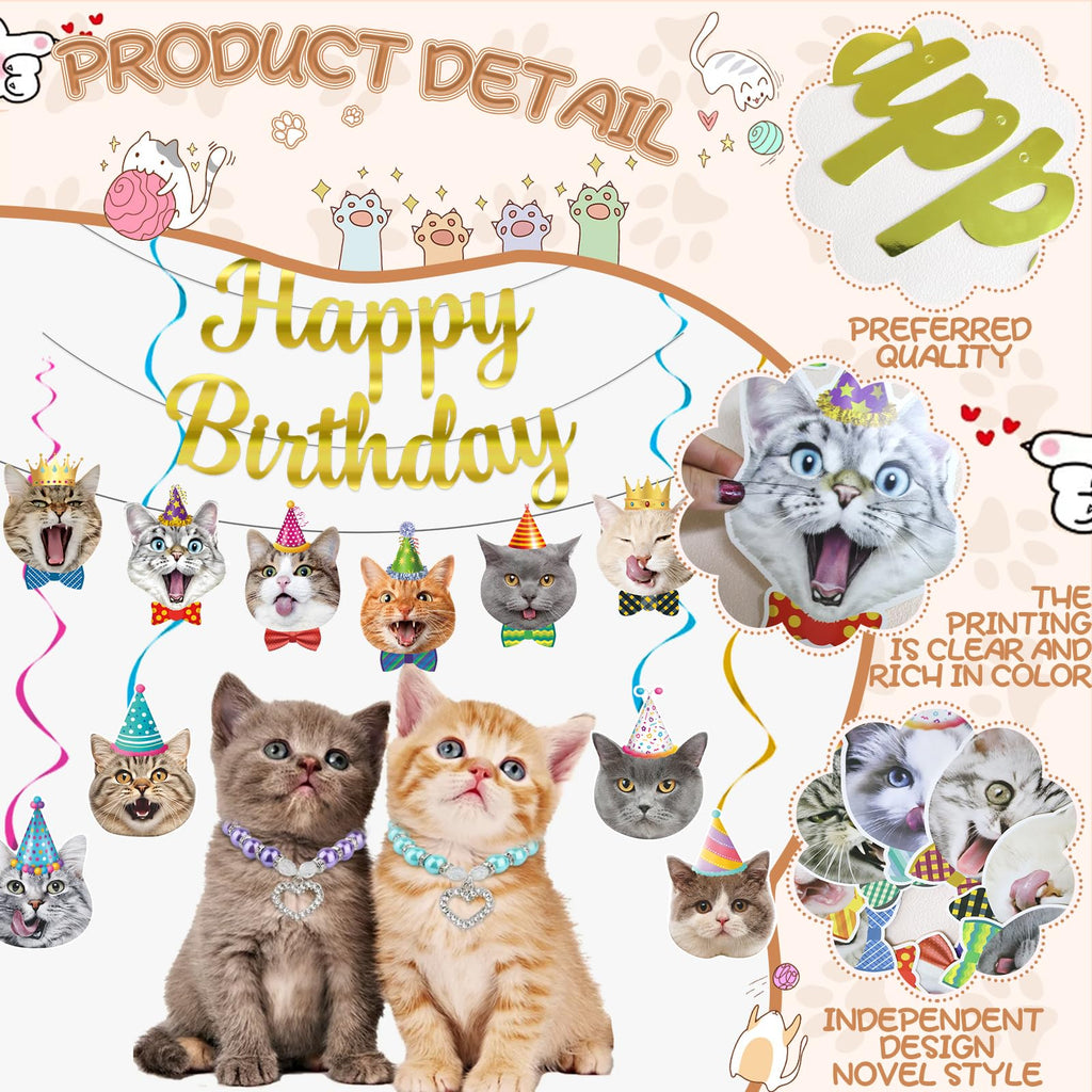 Bluegogo Cat Theme Birthday Party Decorations – 5m Banners, Cat Cards & Spirals