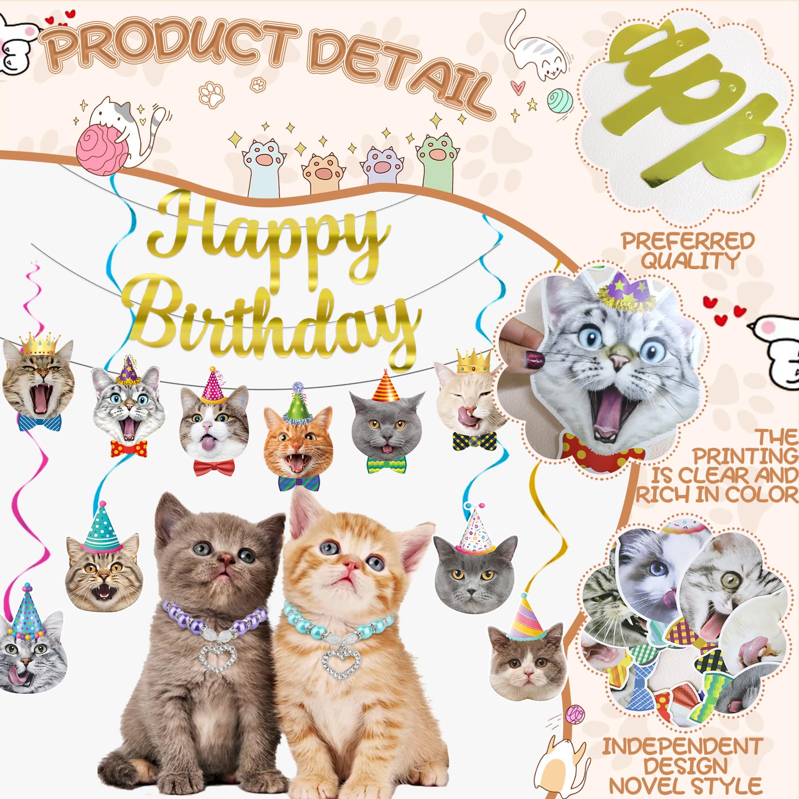 Bluegogo Cat Theme Birthday Party Decorations – 5m Banners, Cat Cards & Spirals
