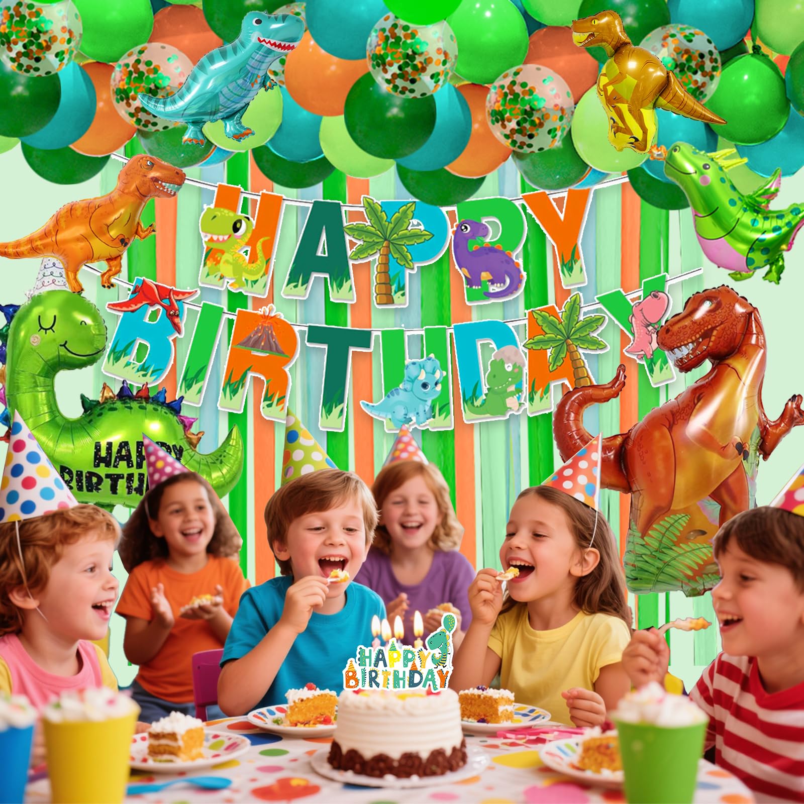 Bluegogo Dinosaur Birthday Decorations – Banner, Balloons & Cake Topper for Dino Parties