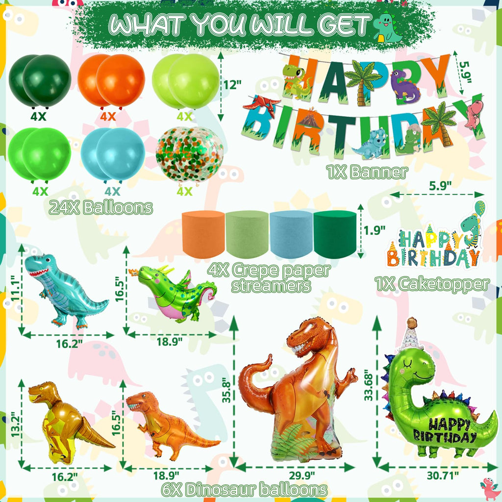 Bluegogo Dinosaur Birthday Decorations – Banner, Balloons & Cake Topper for Dino Parties