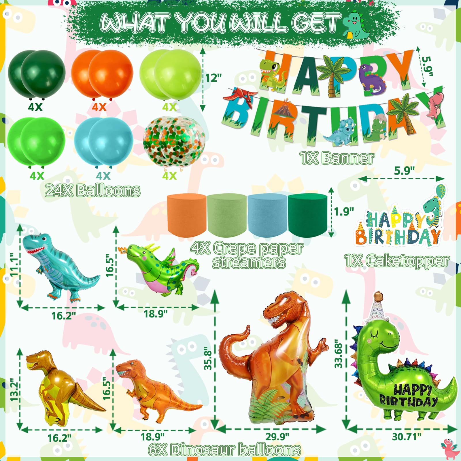Bluegogo Dinosaur Birthday Decorations – Banner, Balloons & Cake Topper for Dino Parties
